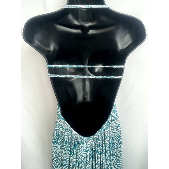 Boho Me NWT Maxi Woven Maxi Dress Teal White Smocked Top Open Back Size L - Picture 7 of 12
